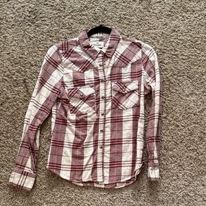 Shyanne women’s button up Burgundy and Cream Plaid Shirt